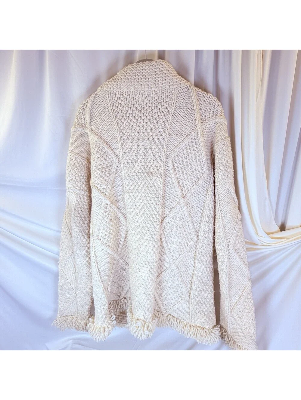 World Of Wool Vintage Cableknit Fisherman Sweater Ivory Heavy Full Zip XL
